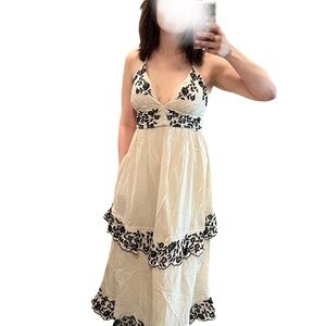 Abercrombie & Fitch Cream Midi Dress with Black Floral Design - Tiered Ruffle
